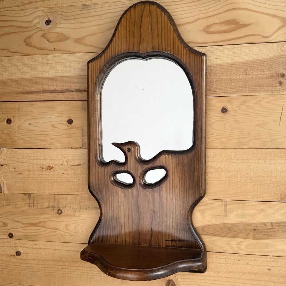 Mirror‎ Mid Century Modern With Shelf and Bird Carving Arch 70's Retro Wall Art
